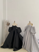 Black/Silver Mikado Off Shoulder Maternity Dress for Photo Shoot with Long Train