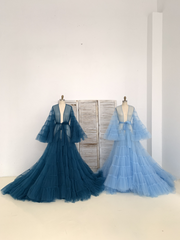 Long Sleeves Teal Blue Tulle Maternity Robe Maternity Dress for Photo Shoot