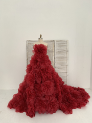 Tan/Burgundy Organza Flowers Maternity Dress for Photo Shoot Baby Shower Dress Photography Dress