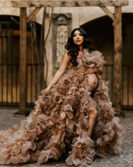 Tan/Burgundy Organza Flowers Maternity Dress for Photo Shoot Baby Shower Dress Photography Dress