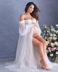 Off Shoulder Pearl Tulle Maternity Dress for Photo Shoot Maternity Gown