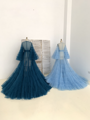 Long Sleeves Teal Blue Tulle Maternity Robe Maternity Dress for Photo Shoot