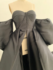 Black/Silver Mikado Off Shoulder Maternity Dress for Photo Shoot with Long Train