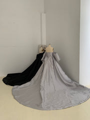 Black/Silver Mikado Off Shoulder Maternity Dress for Photo Shoot with Long Train