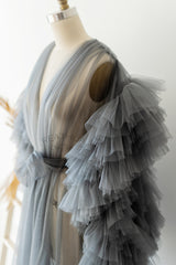 Long Sleeves Gray Tulle Maternity Gown for Photography Photo Shoot