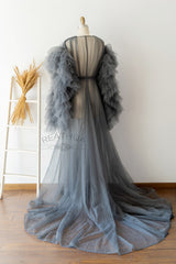 Long Sleeves Gray Tulle Maternity Gown for Photography Photo Shoot