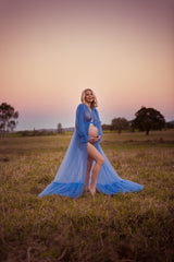 Long Sleeves Blue Tulle Maternity Gown Maternity Photography Photo Shoot