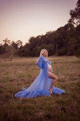 Long Sleeves Blue Tulle Maternity Gown Maternity Photography Photo Shoot