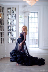 Long Sleeves Black Dress Maternity Gown for Photo Shoot