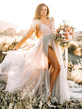 Silver Gray Long Train V Neck Evening Dress Photography Gown