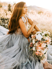 Silver Gray Long Train V Neck Evening Dress Photography Gown