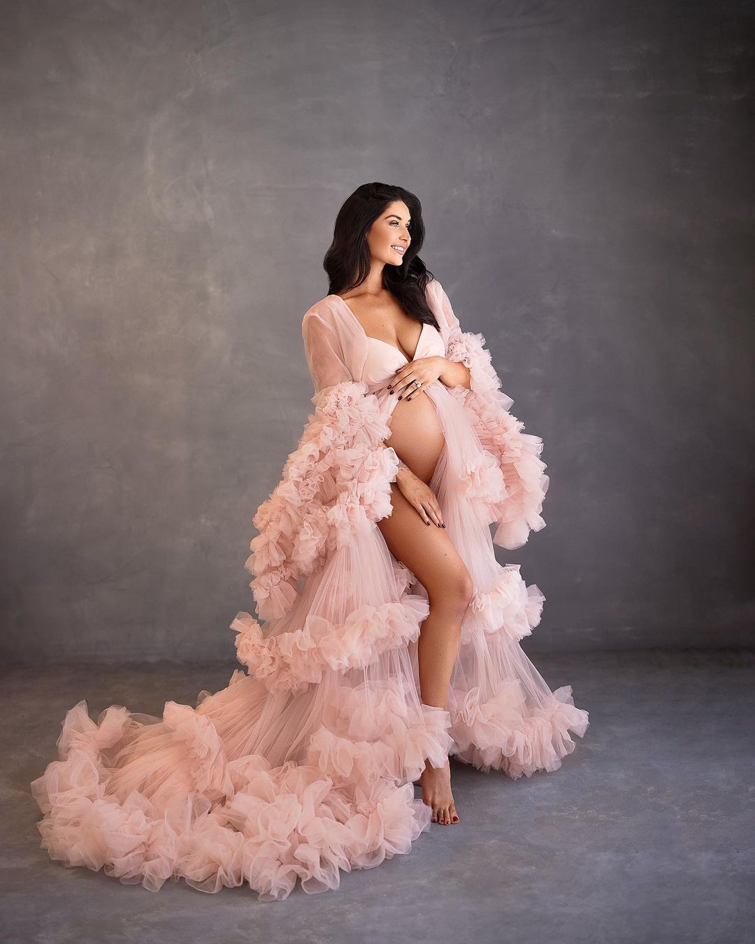 2 PC Tulle Maternity Dress with Jacket Maternity Gown for Photo Shoot Baby Shower Dress
