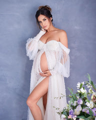 Off Shoulder Pearl Tulle Maternity Dress for Photo Shoot Maternity Gown
