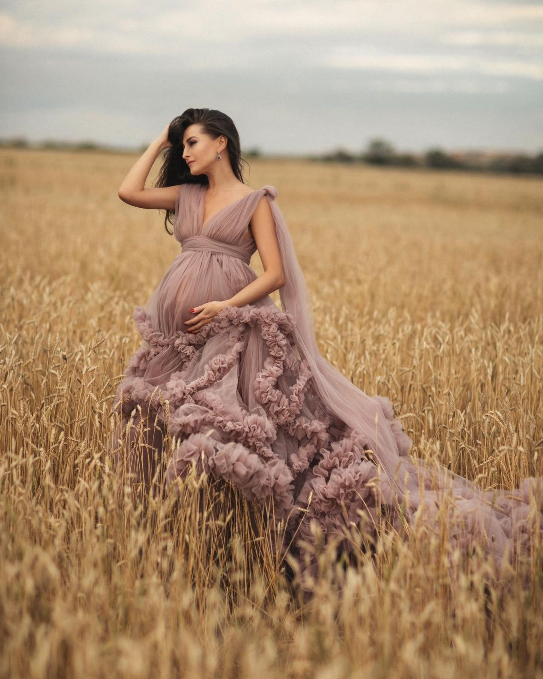 Dusty Mauve Big Bow Tulle Maternity Dress for Photo Shoot Maternity Gown