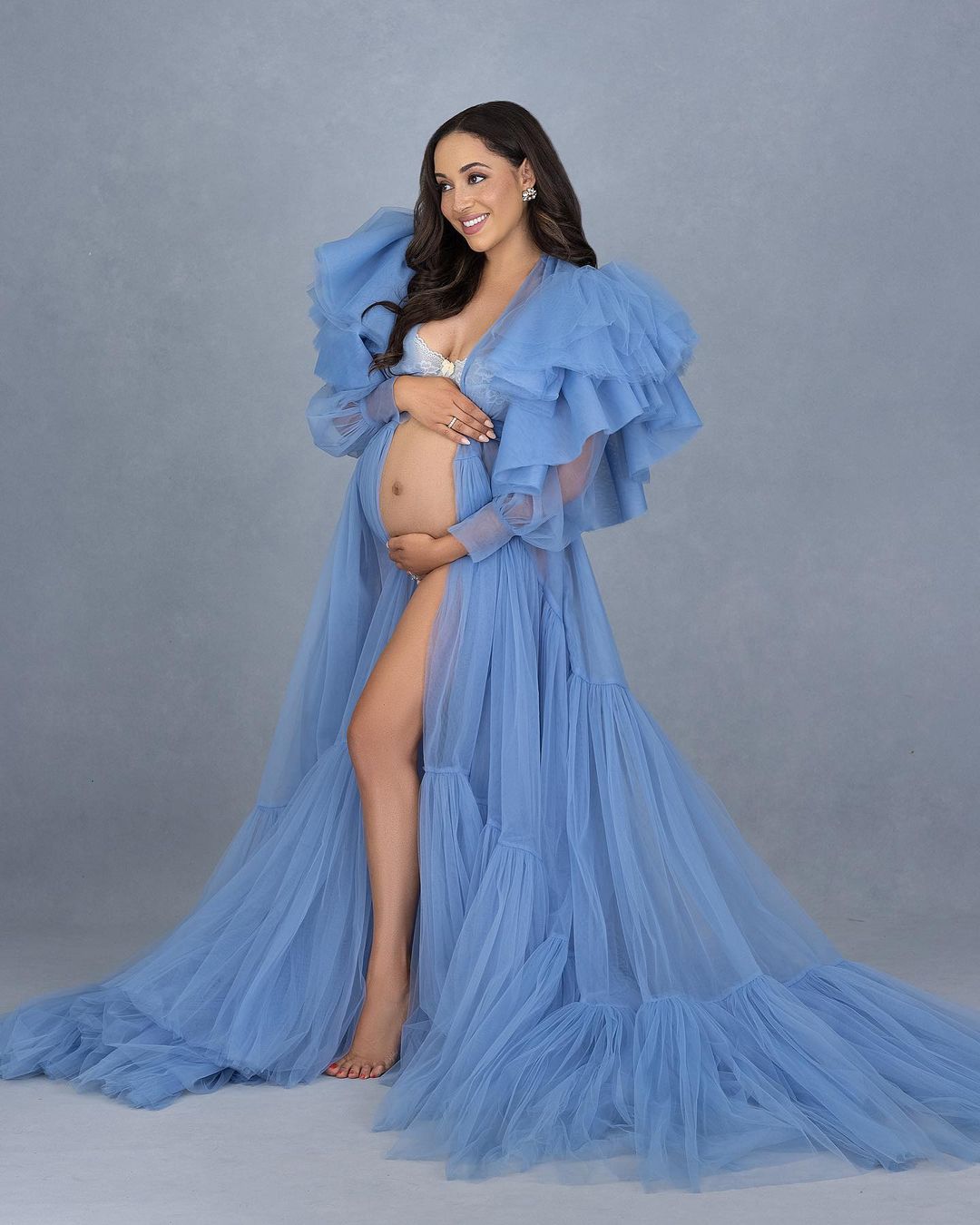 Long Sleeves Tulle Maternity Dress for Photo Shoot Maternity Robe
