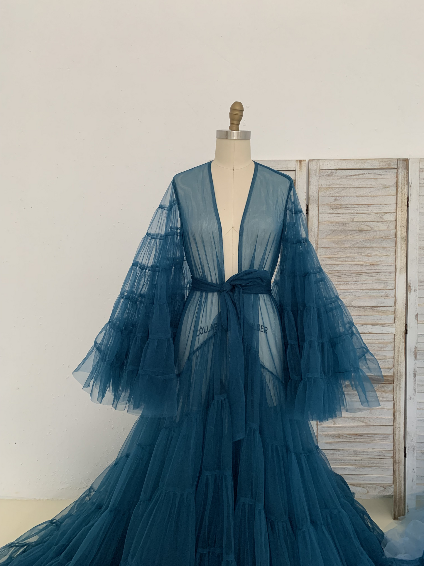 Long Sleeves Teal Blue Tulle Maternity Robe Maternity Dress for Photo Shoot