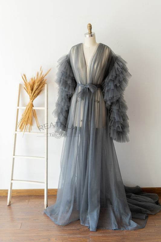 Long Sleeves Gray Tulle Maternity Gown for Photography Photo Shoot