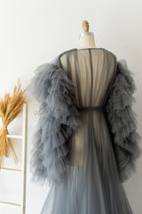Long Sleeves Gray Tulle Maternity Gown for Photography Photo Shoot
