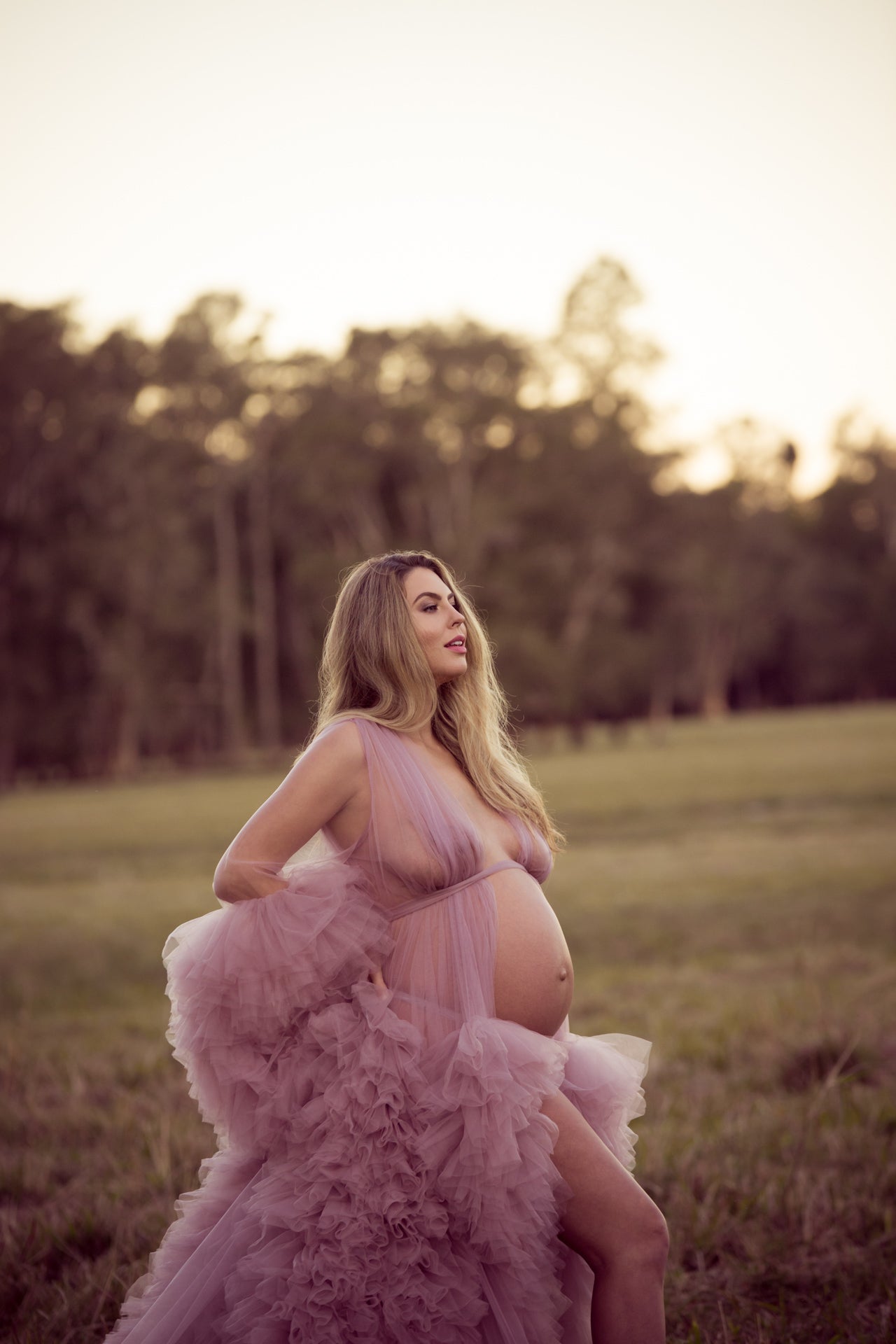 Mauve Tulle Maternity Gown Photography Photo Shoot