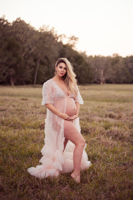 Blush Pink Lace Tulle Gown Dress for Maternity Photography Photo Shoot