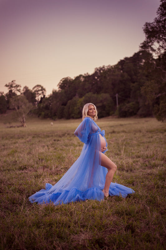 Long Sleeves Blue Tulle Maternity Gown Maternity Photography Photo Shoot